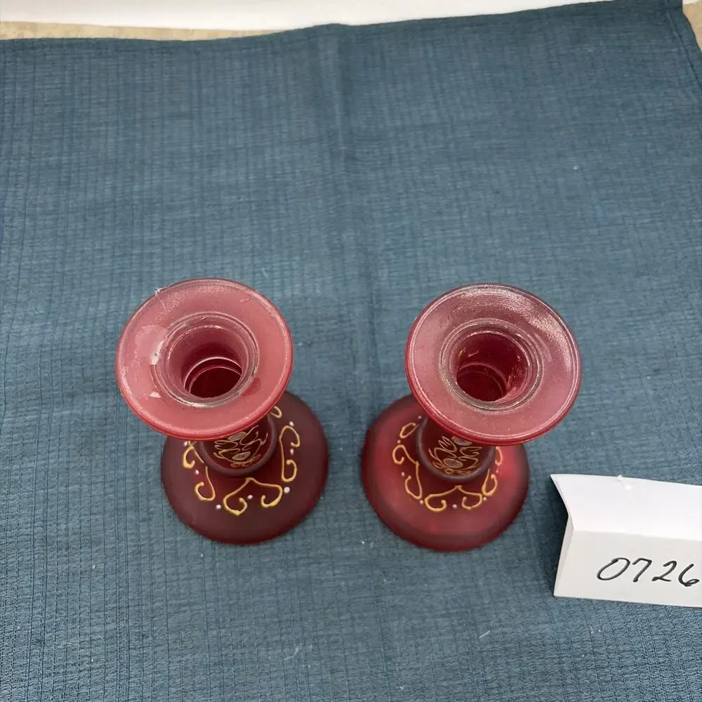 Two Vintage Gaomi Hand-Painted Pink Cranberry Glass Taper Candle Stick Holders